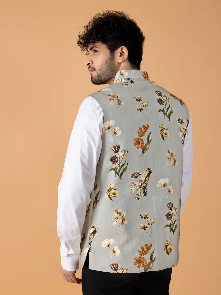 Grey and yellow floral printed waistcoat