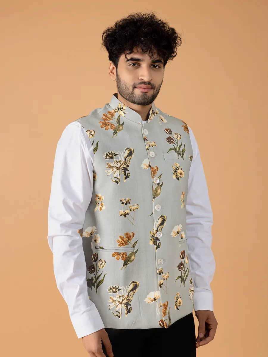 Grey and yellow floral printed waistcoat