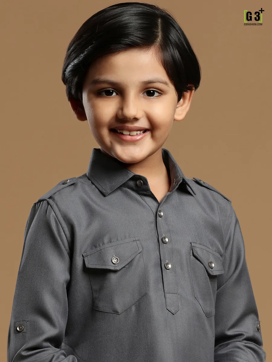 Grey boys festive events cotton silk plain pathani suit