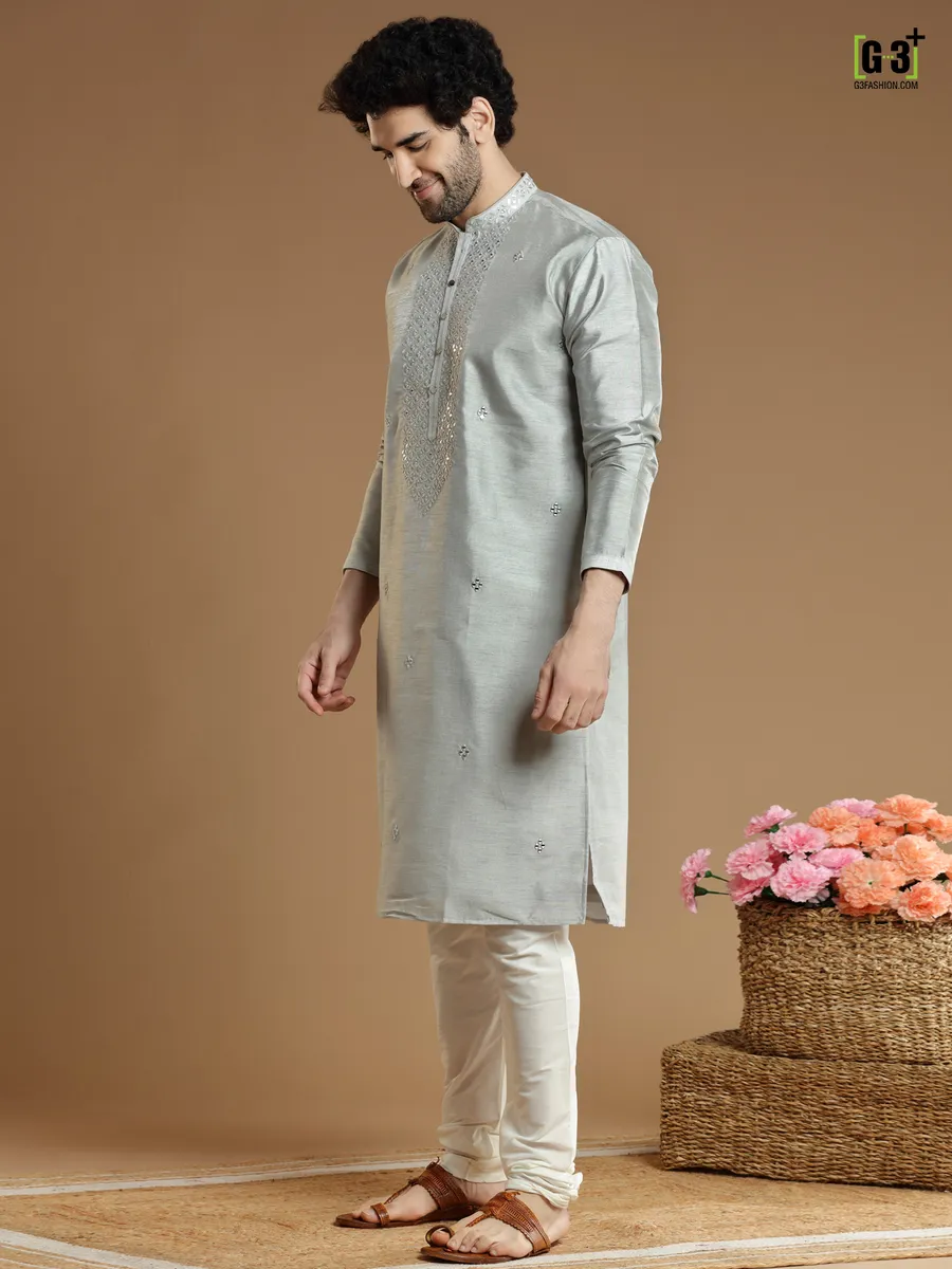 Grey color silk fabric  Men Kurta pajama for festivals