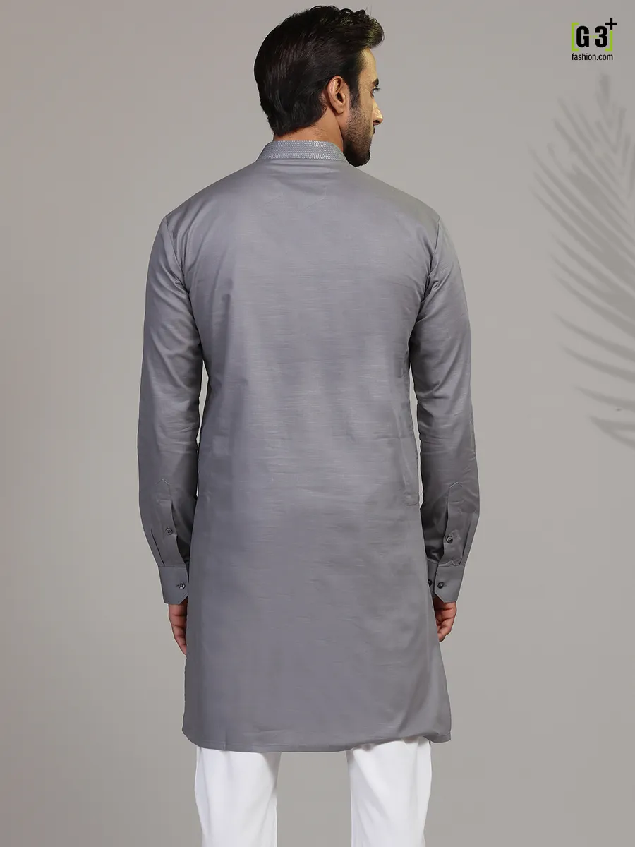 Grey cotton festive wear mens kurta