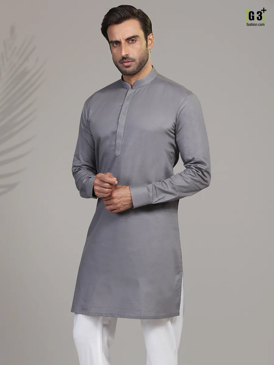 Grey cotton festive wear mens kurta