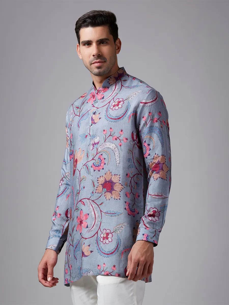 Grey cotton printed short kurta suit