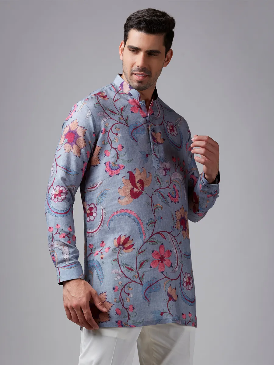 Grey cotton printed short  Men Kurta pajama