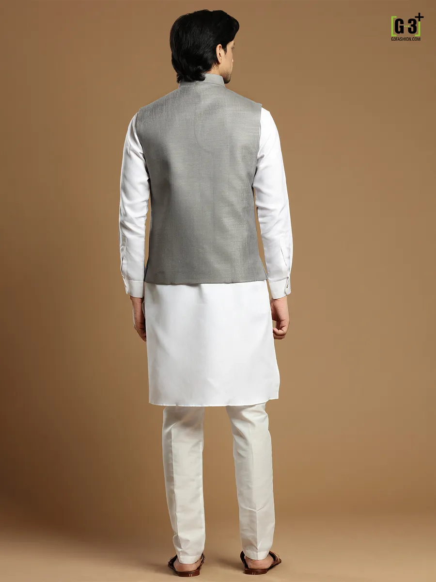 Grey cotton silk festive wear men waistcoat set