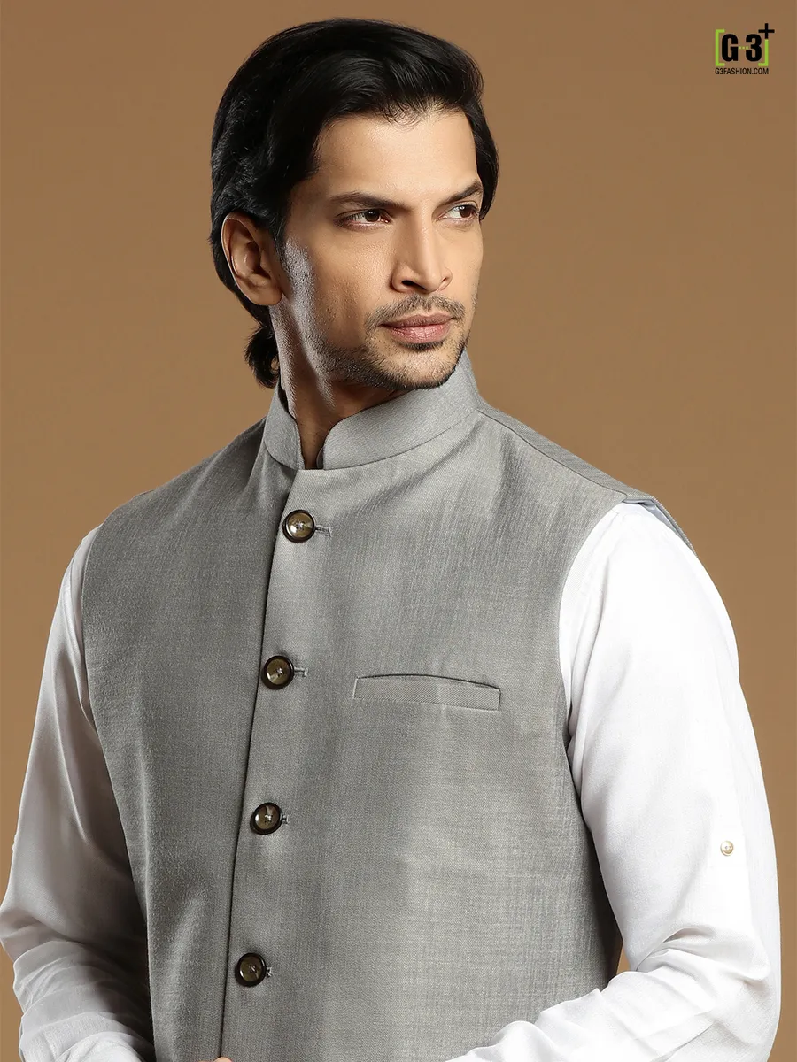 Grey cotton silk festive wear men waistcoat set