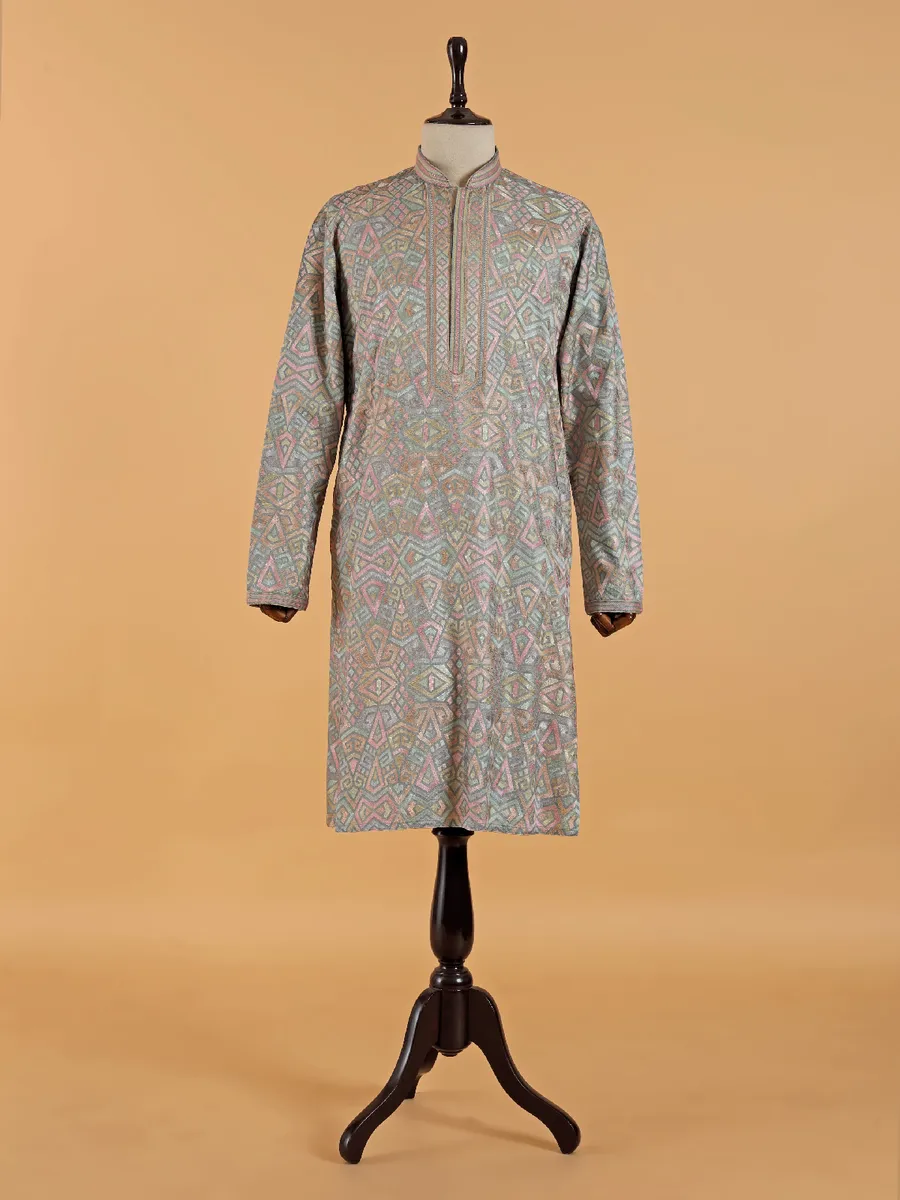 Grey cotton silk with multicolor embroidery