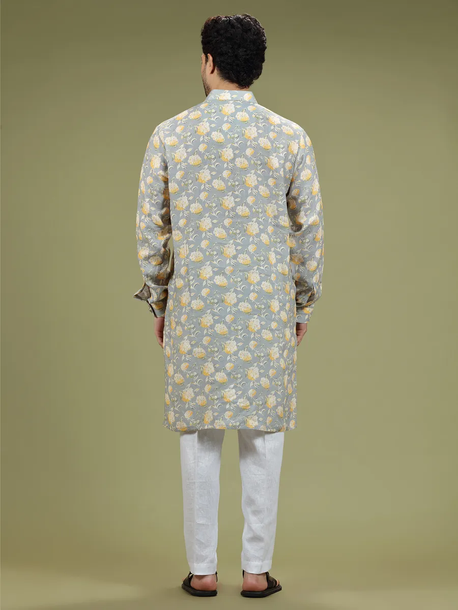 Grey floral printed linen kurta suit