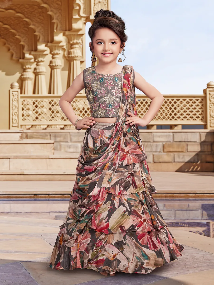 Grey georgette printed layered lehenga choli