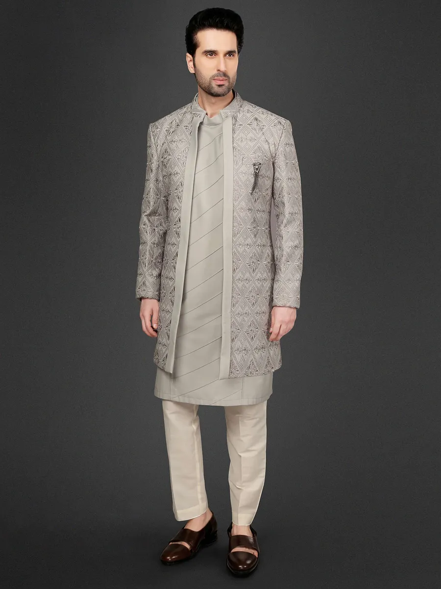 Grey hued wedding wear indowestern for men