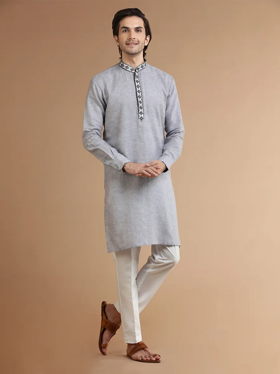 Grey linen plain  Men Kurta pajama