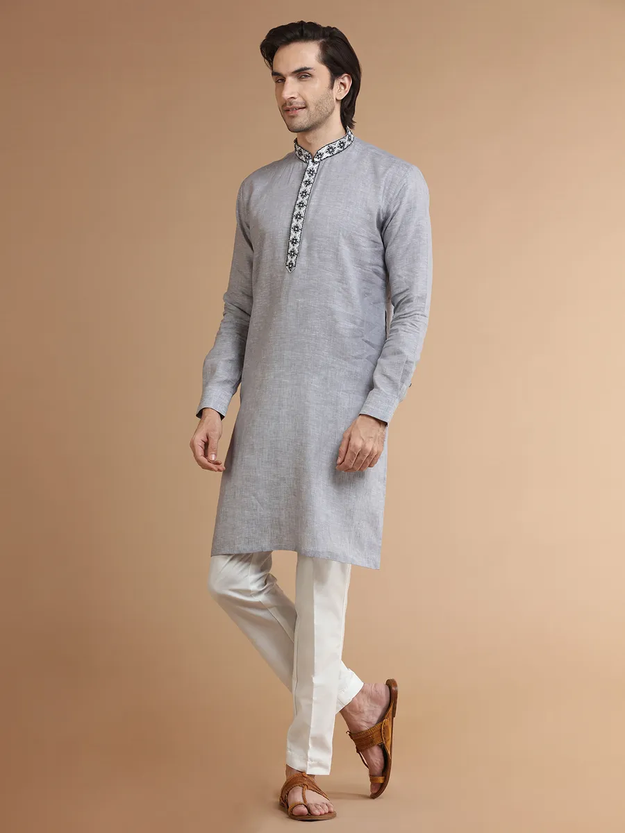 Grey linen plain kurta suit