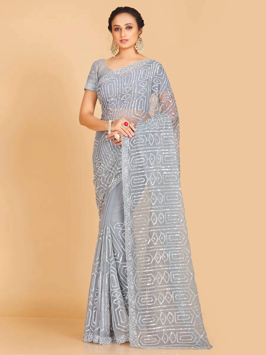 Grey organza designer saree