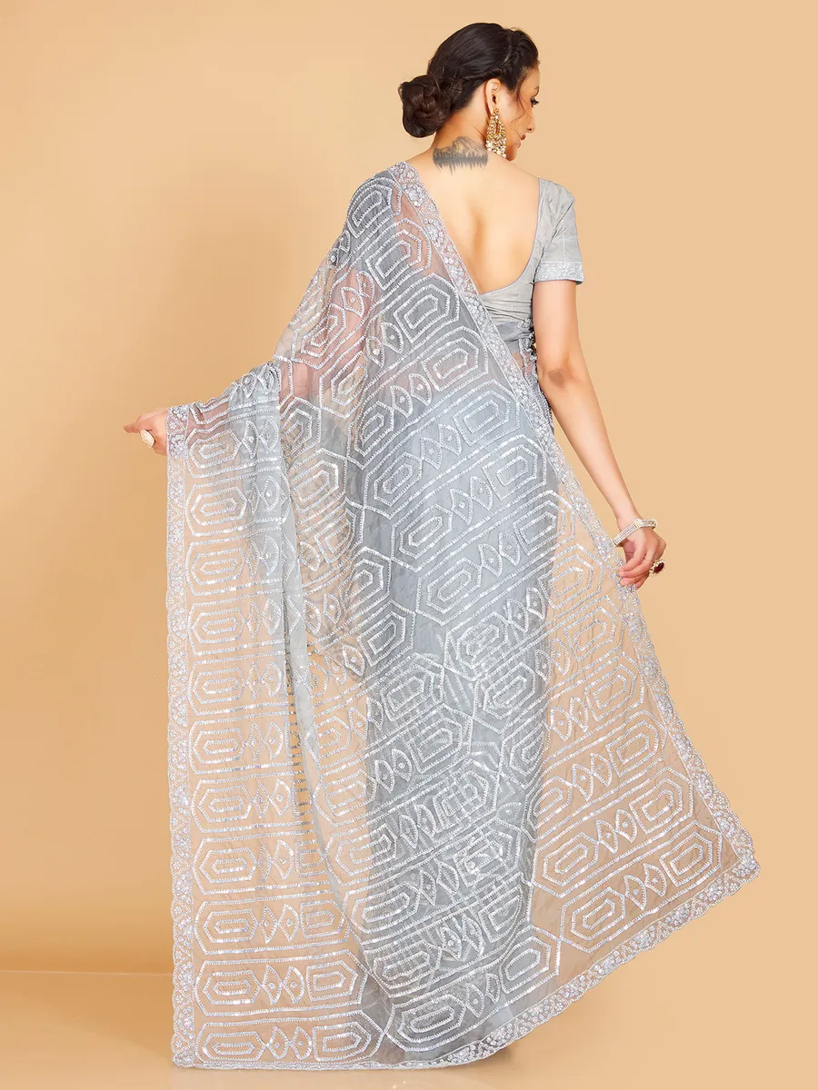 Grey organza designer saree