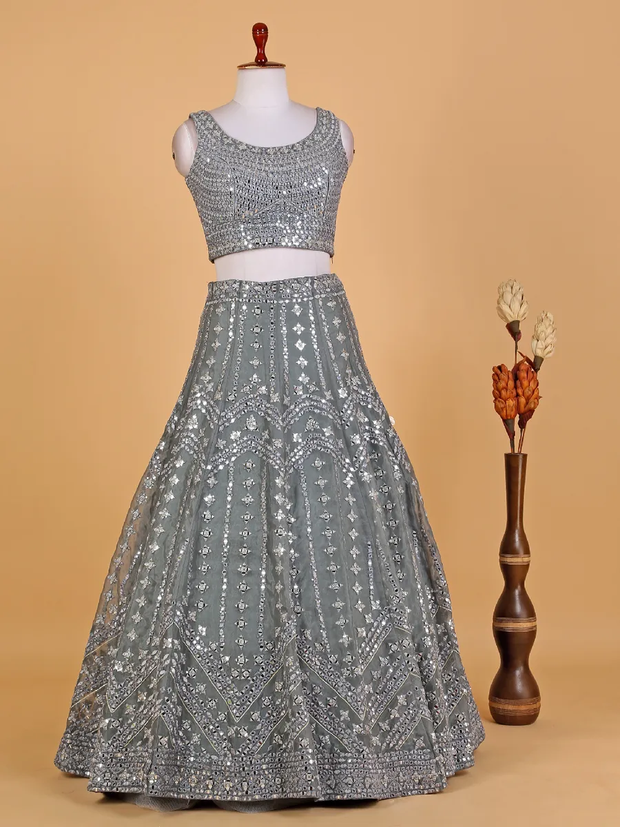 Grey organza mirror work lehenga choli