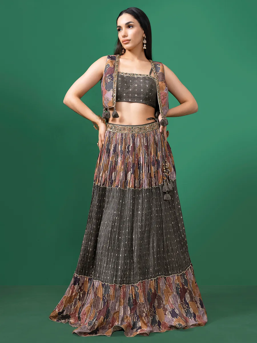 Grey printed silk jacket style lehenga choli