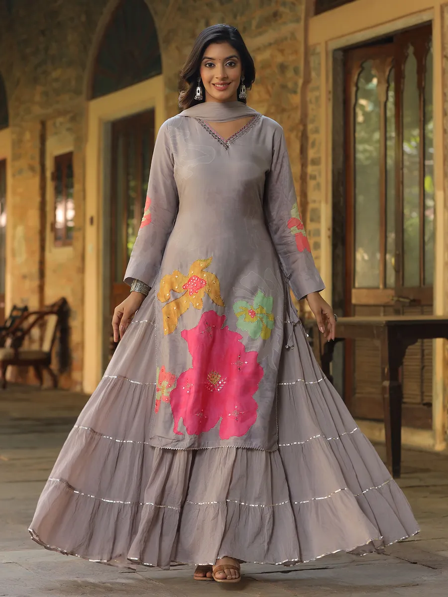 Grey printed silk long kurti with dupatta