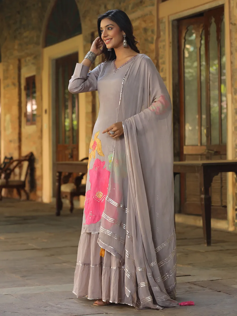 Grey printed silk long kurti with dupatta