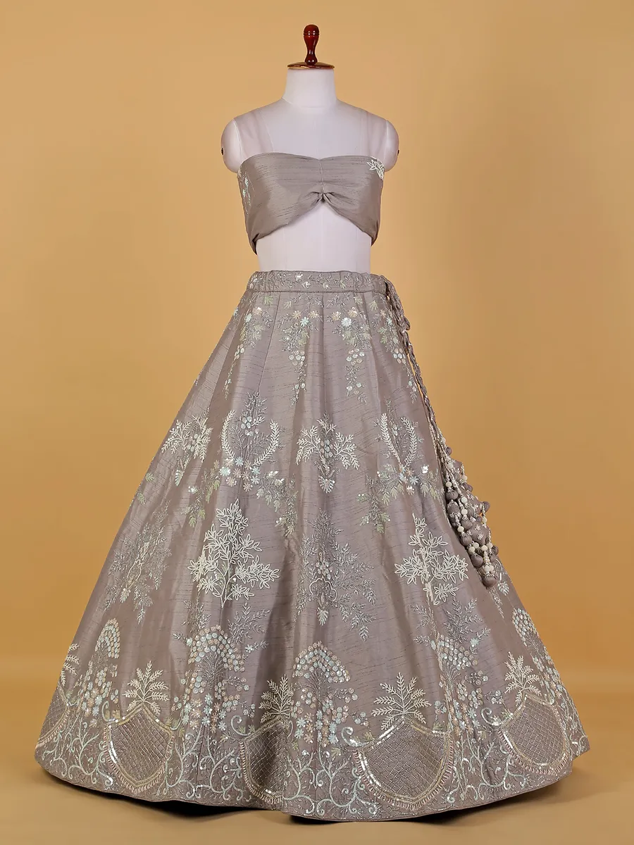 Grey raw silk unstitched lehenga choli for reception