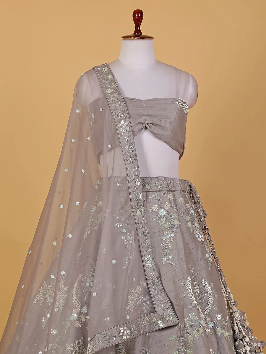 Grey raw silk unstitched lehenga choli for reception