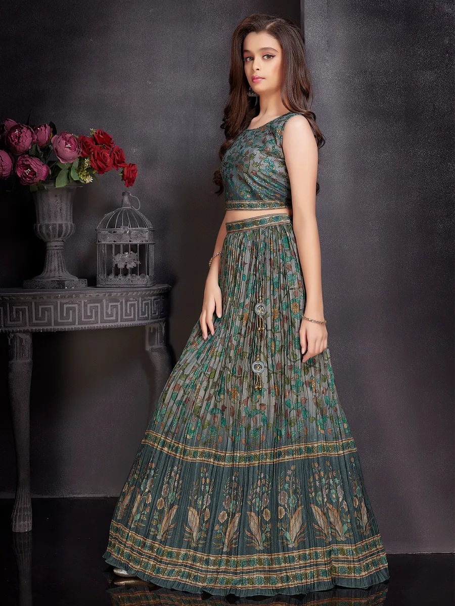 Grey round neck lehenga choli in silk