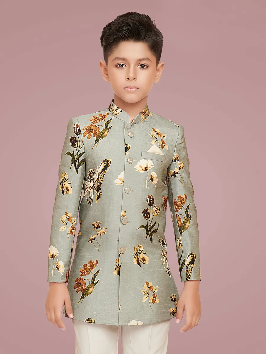 Grey silk floral printed indowestern