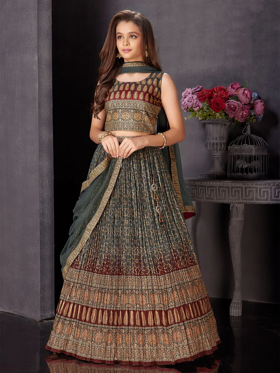 Grey silk girls lehenga choli in printed