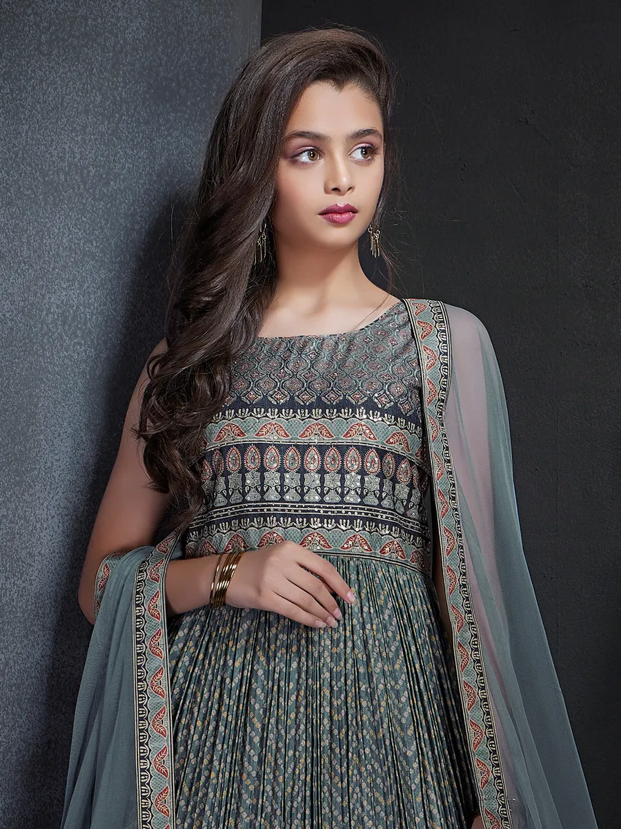 Grey silk printed anarkali suit