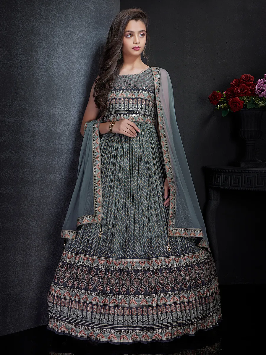 Grey silk printed anarkali suit