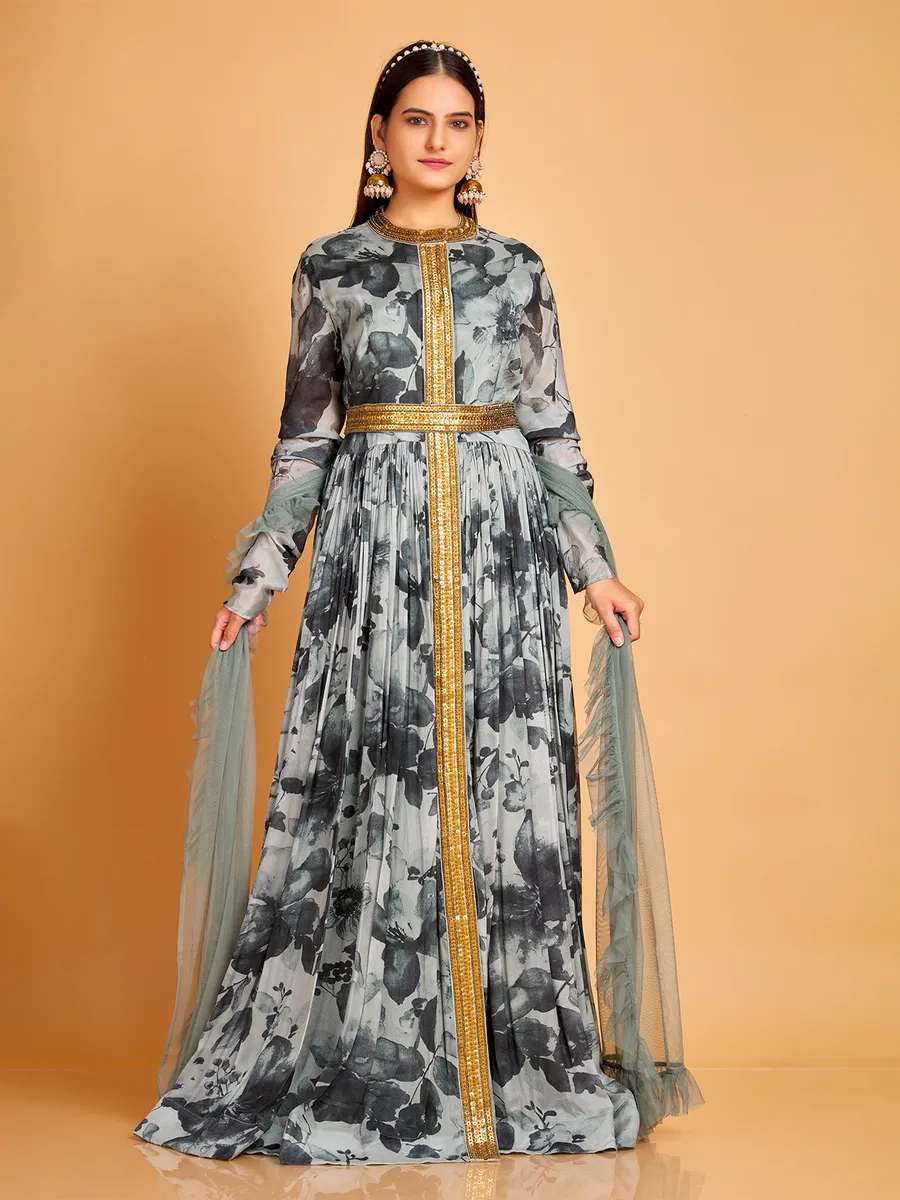 Grey silk printed floor length suit