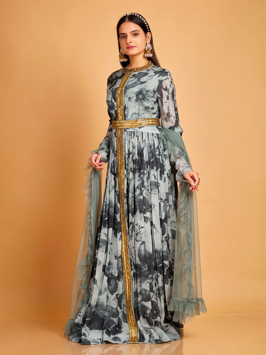 Grey silk printed floor length suit