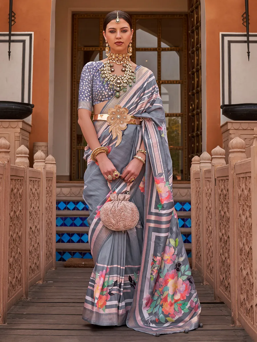 Grey silk saree with zari border