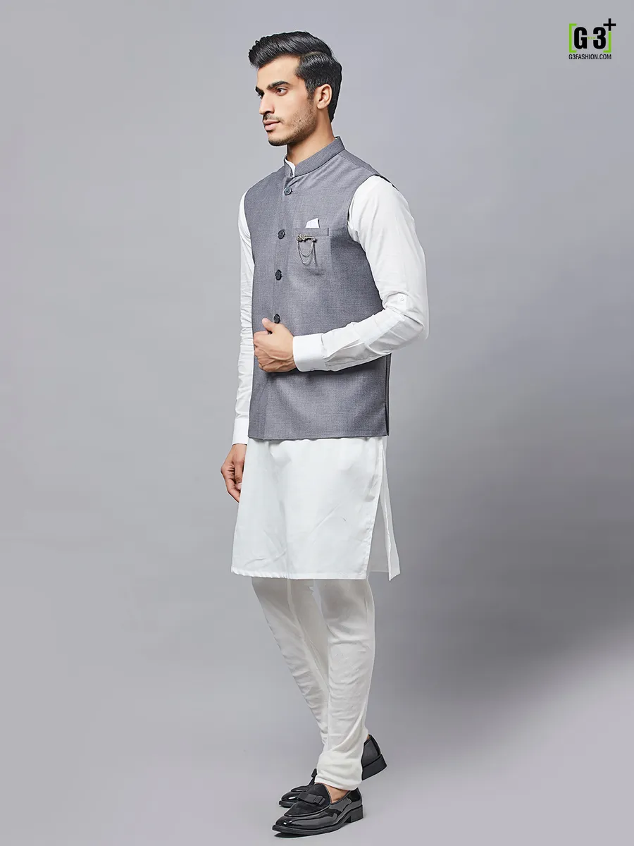 Grey solid cotton waistcoat set for mens