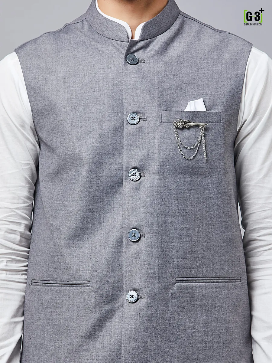 Grey solid cotton waistcoat set for mens