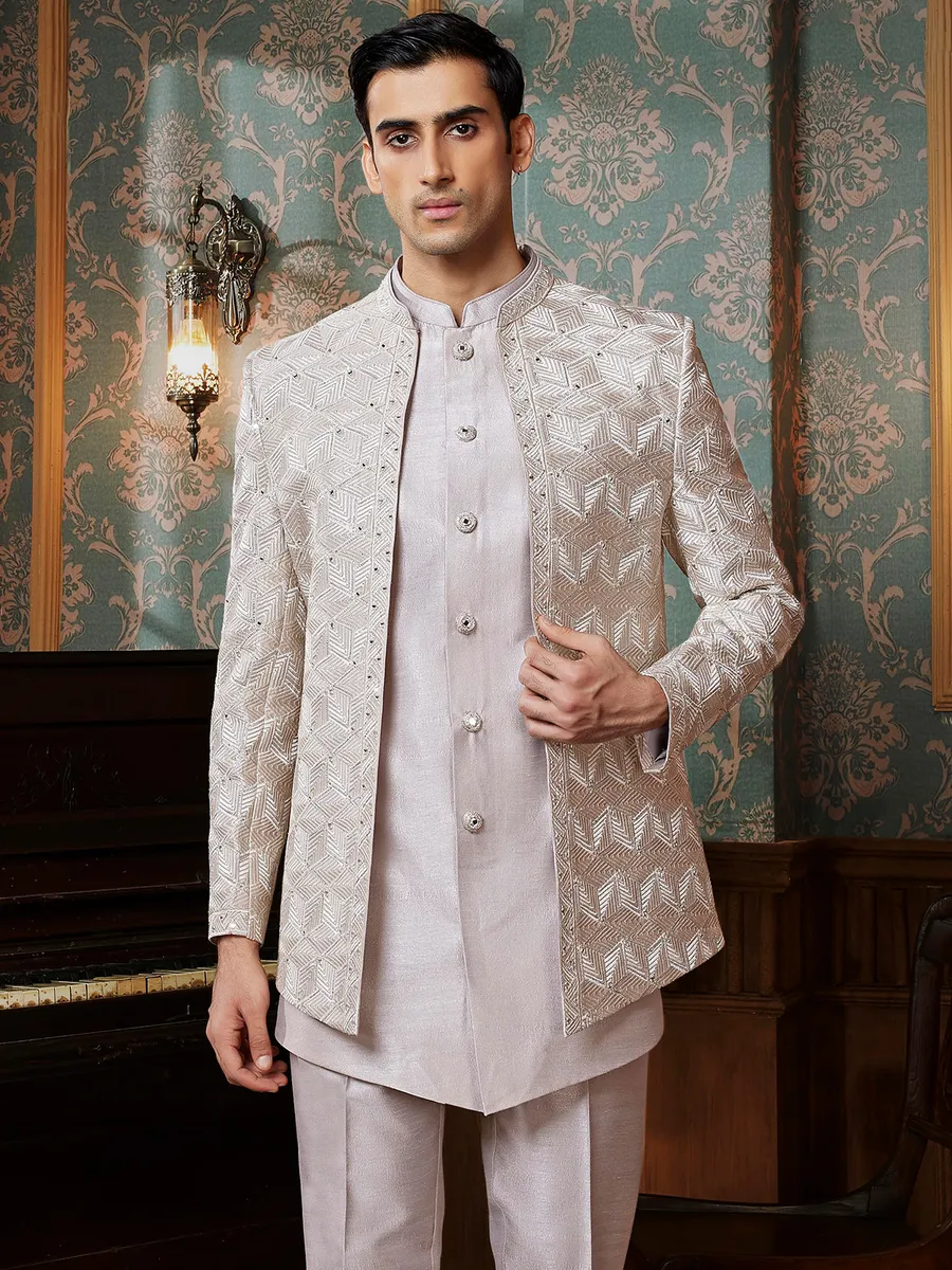Grey terry rayon reception style Indowestern