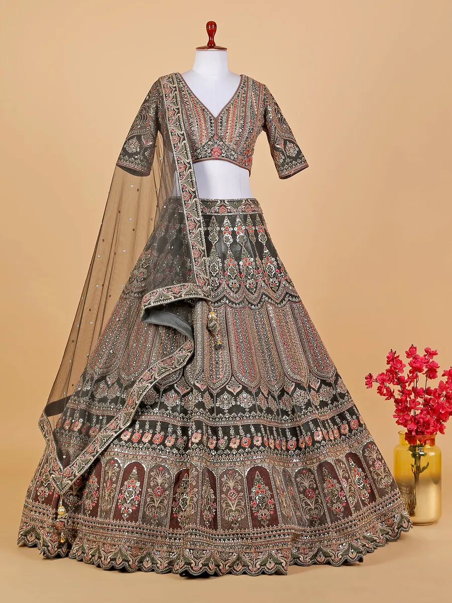 Grey velvet embroidery lehenga choli