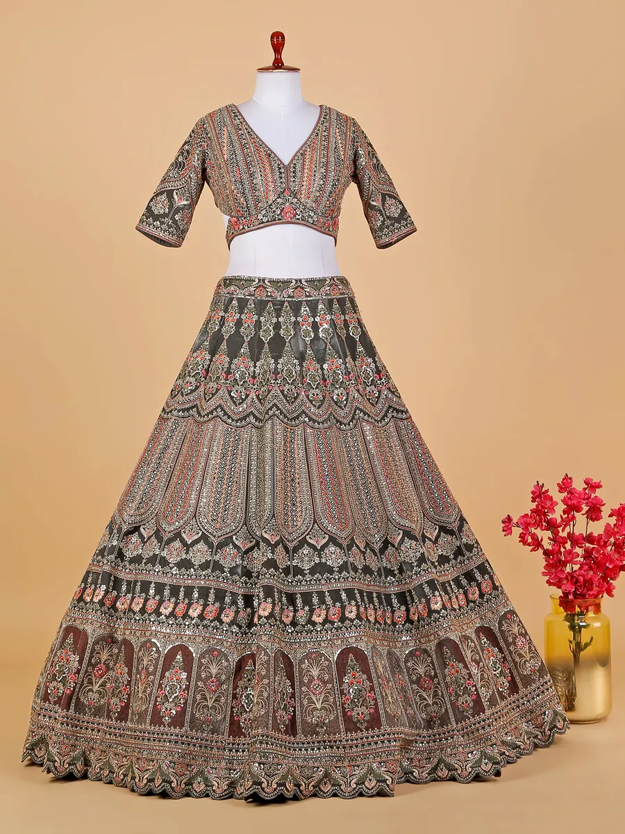 Grey velvet embroidery lehenga choli