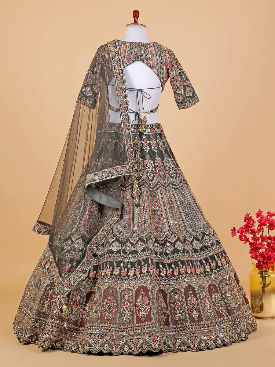 Grey velvet embroidery lehenga choli