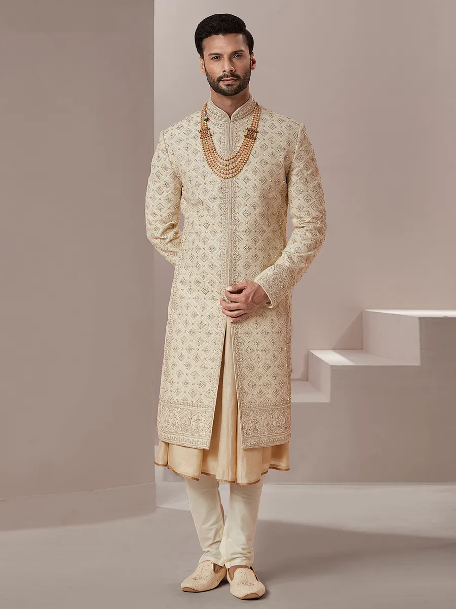 Groom wear beige raw silk fabric sherwani