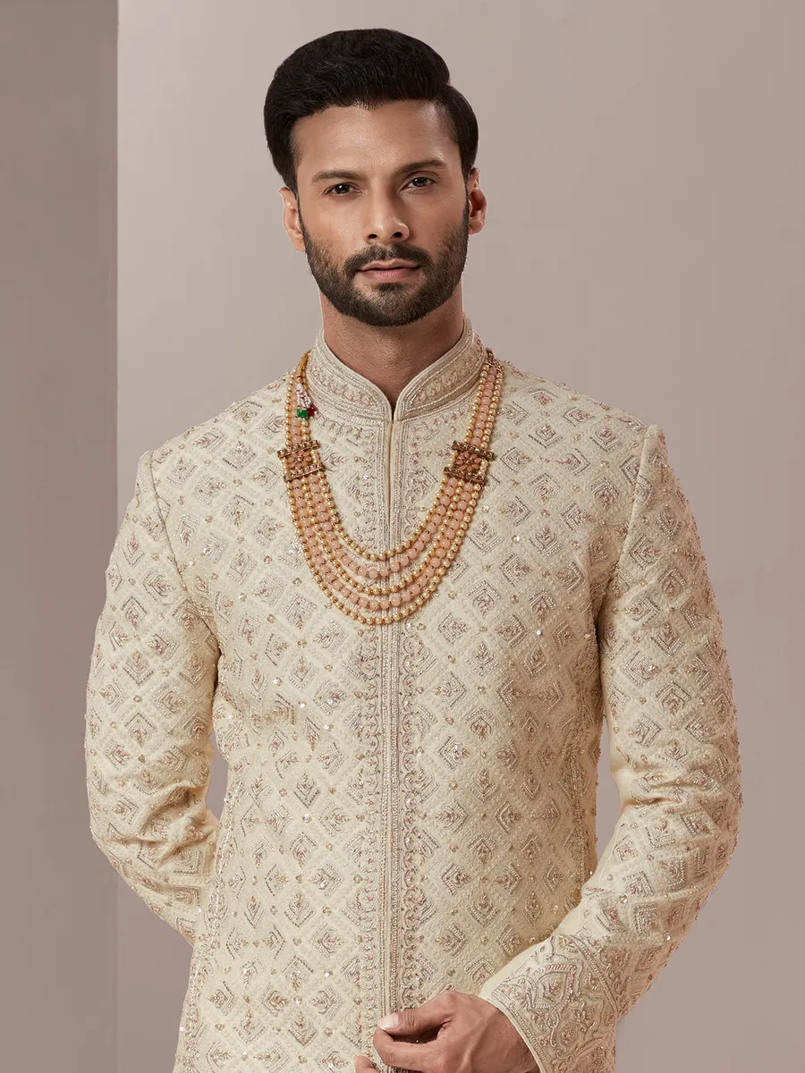 Groom wear beige raw silk fabric sherwani