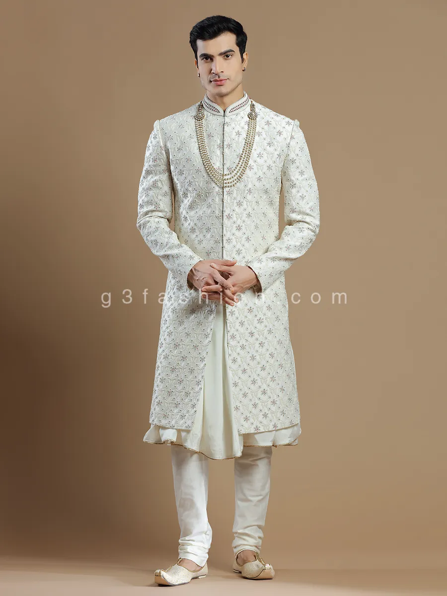 Groom wear cream raw silk fabric sherwani