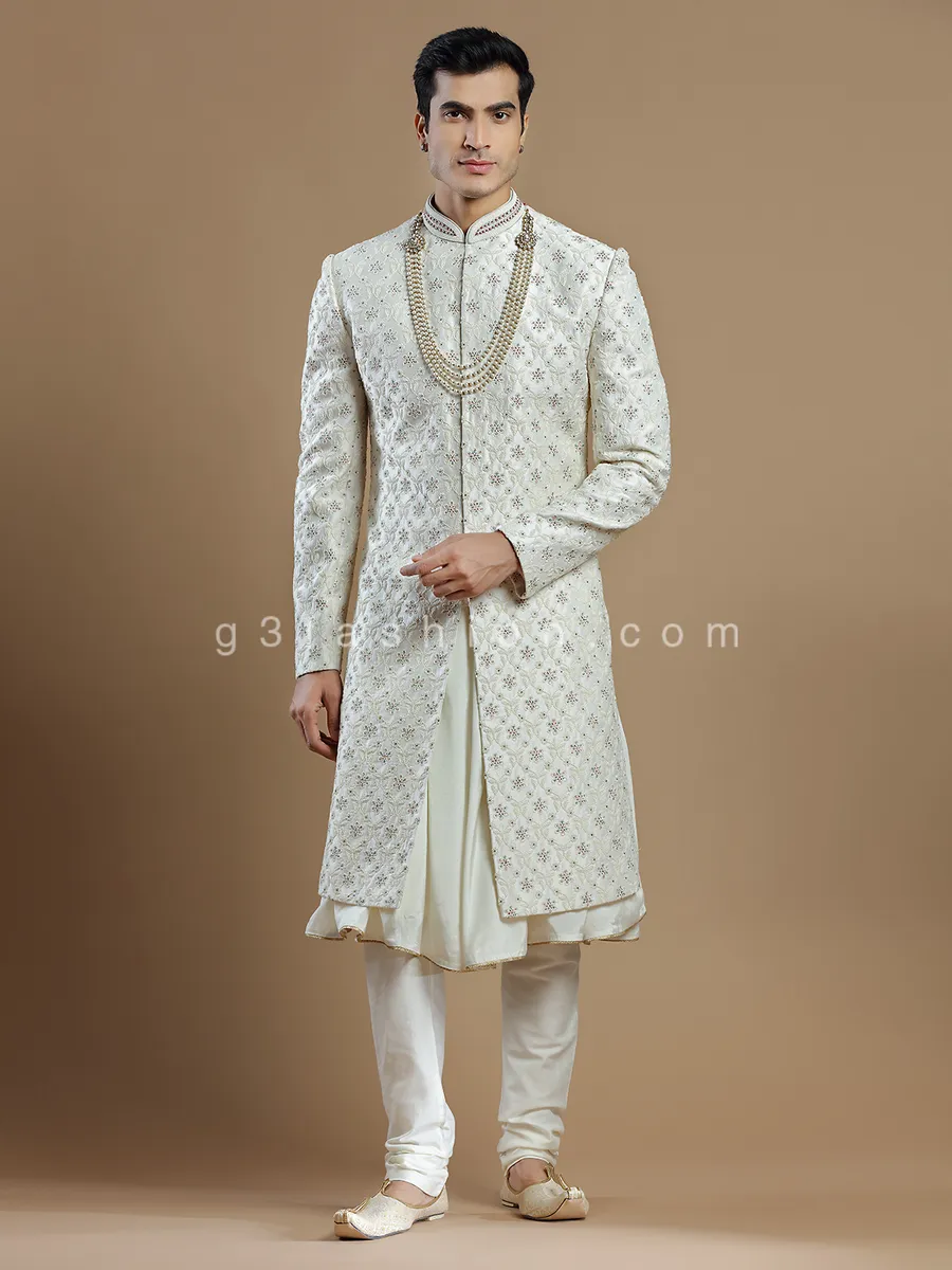 Groom wear cream raw silk fabric sherwani