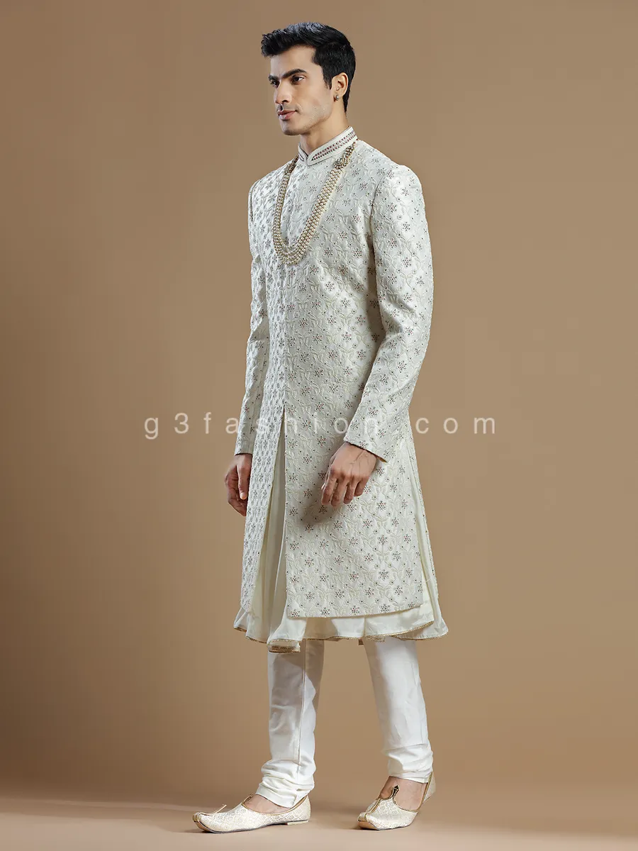 Groom wear cream raw silk fabric sherwani
