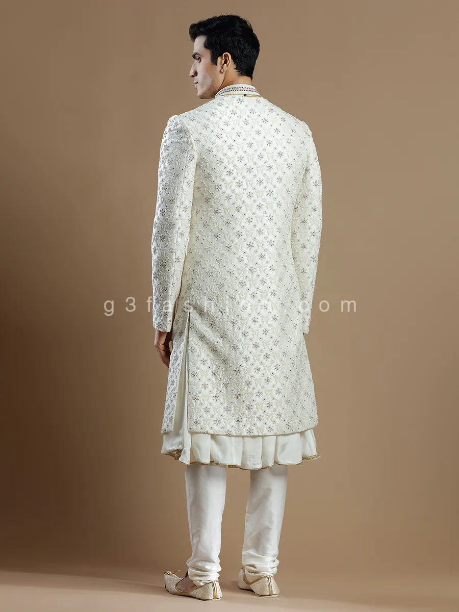 Groom wear cream raw silk fabric sherwani