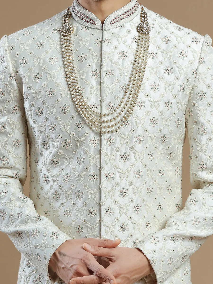 Groom wear cream raw silk fabric sherwani