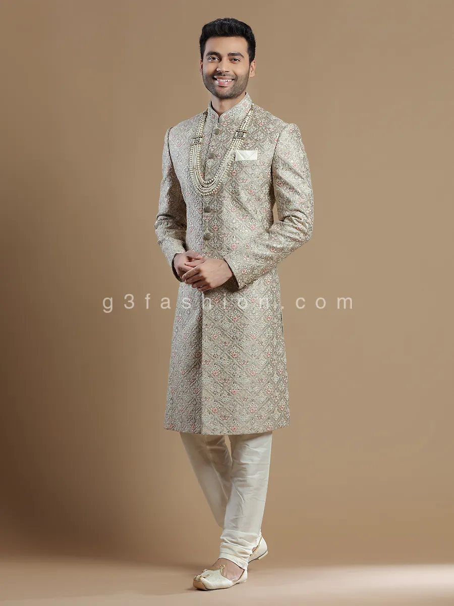 Groom wear raw silk sherwani in fawn beige