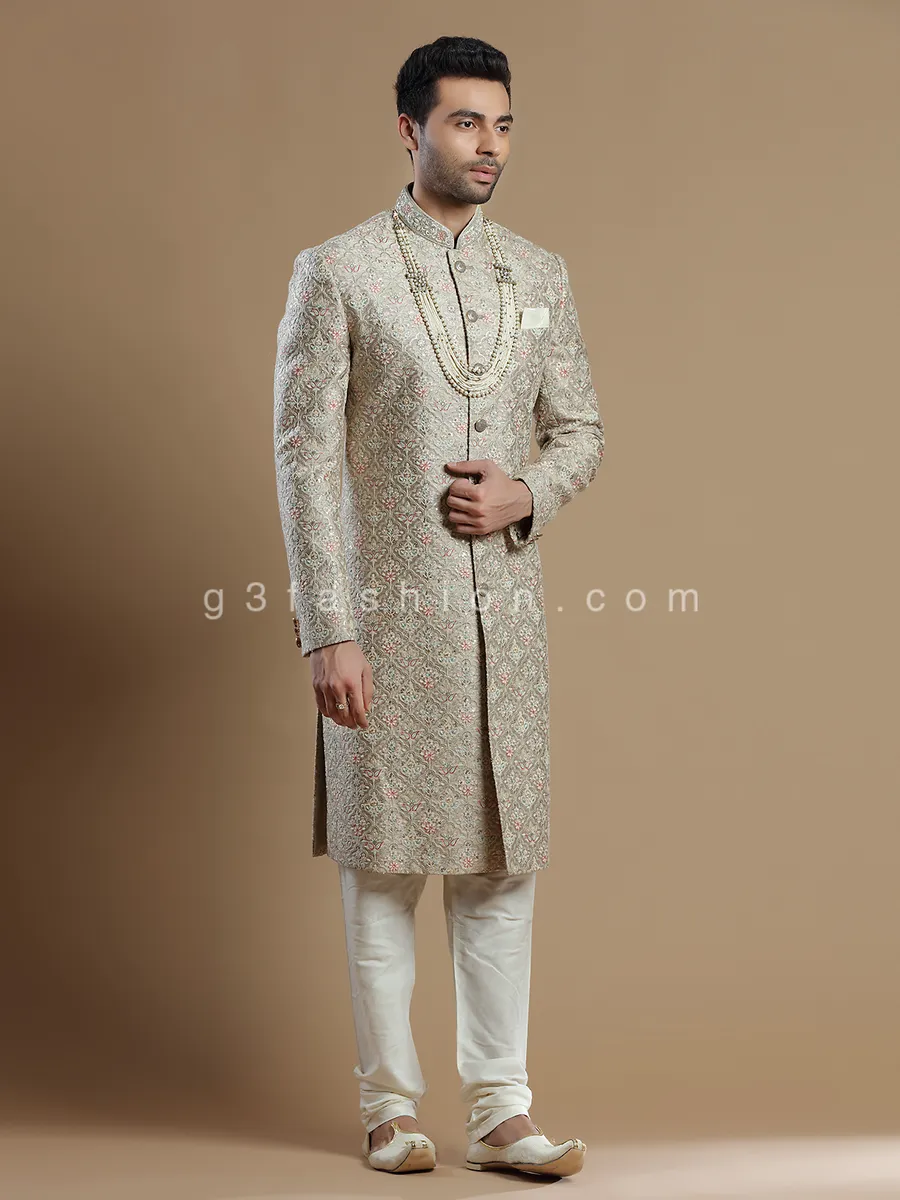 Groom wear raw silk sherwani in fawn beige