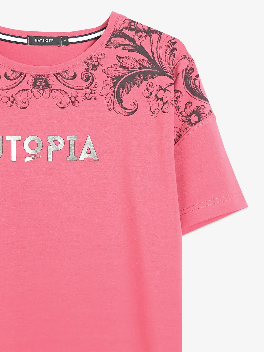 Hats Off coral pink cotton printed t shirt