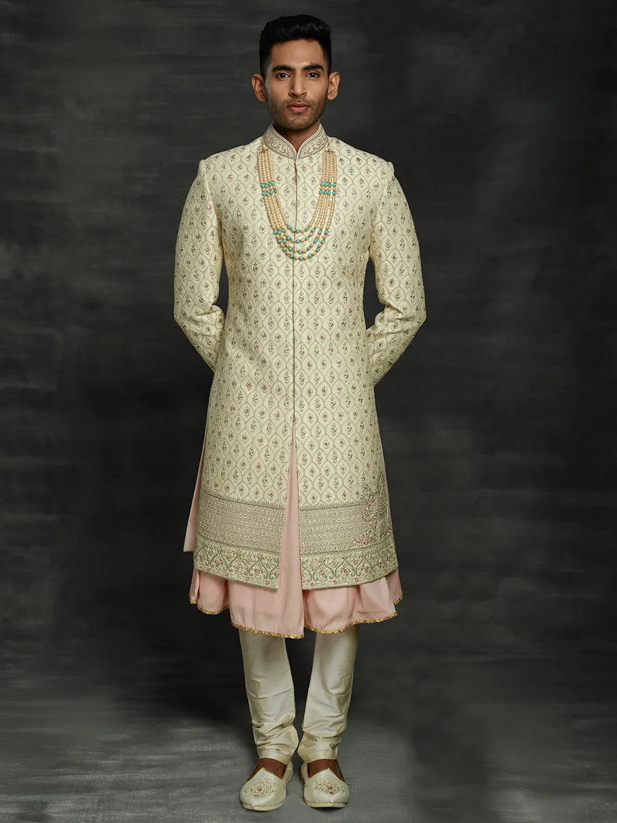 Iconic beige double layer sherwani in silk