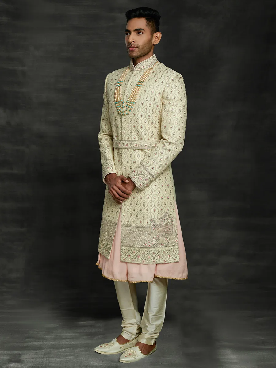 Iconic beige double layer sherwani in silk